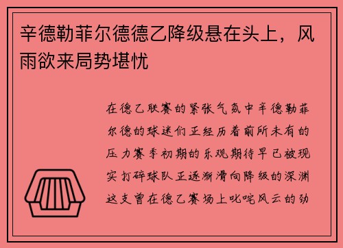 辛德勒菲尔德德乙降级悬在头上,风雨欲来局势堪忧