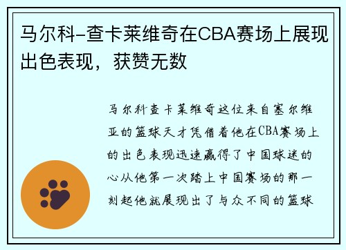 马尔科-查卡莱维奇在CBA赛场上展现出色表现，获赞无数